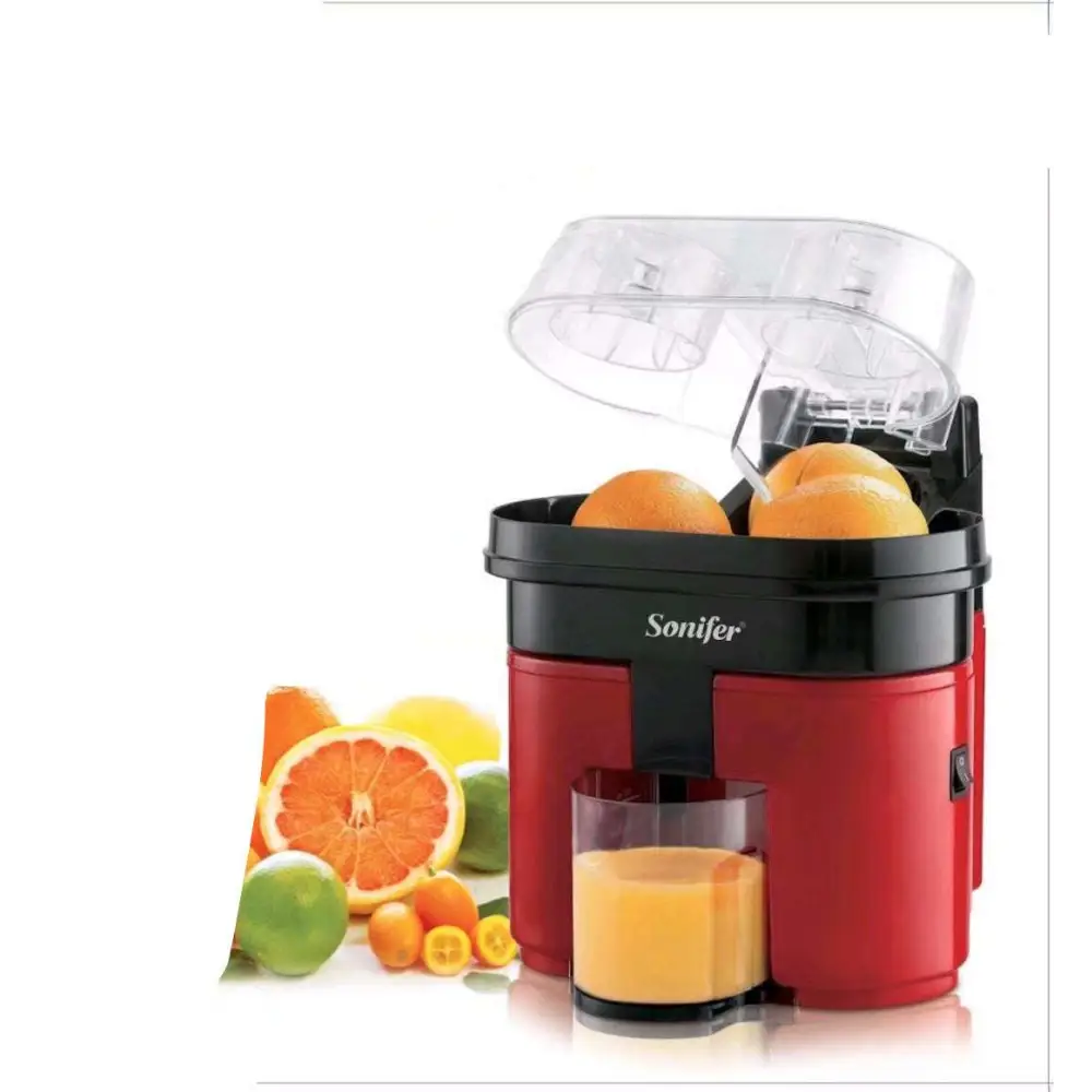 Red and black steel electric lemon juicer with transparent lid efficiently juicing oranges into a glass container