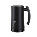 Black stainless steel electric milk frother with sleek matte finish and curved handle for efficient whipping machine use