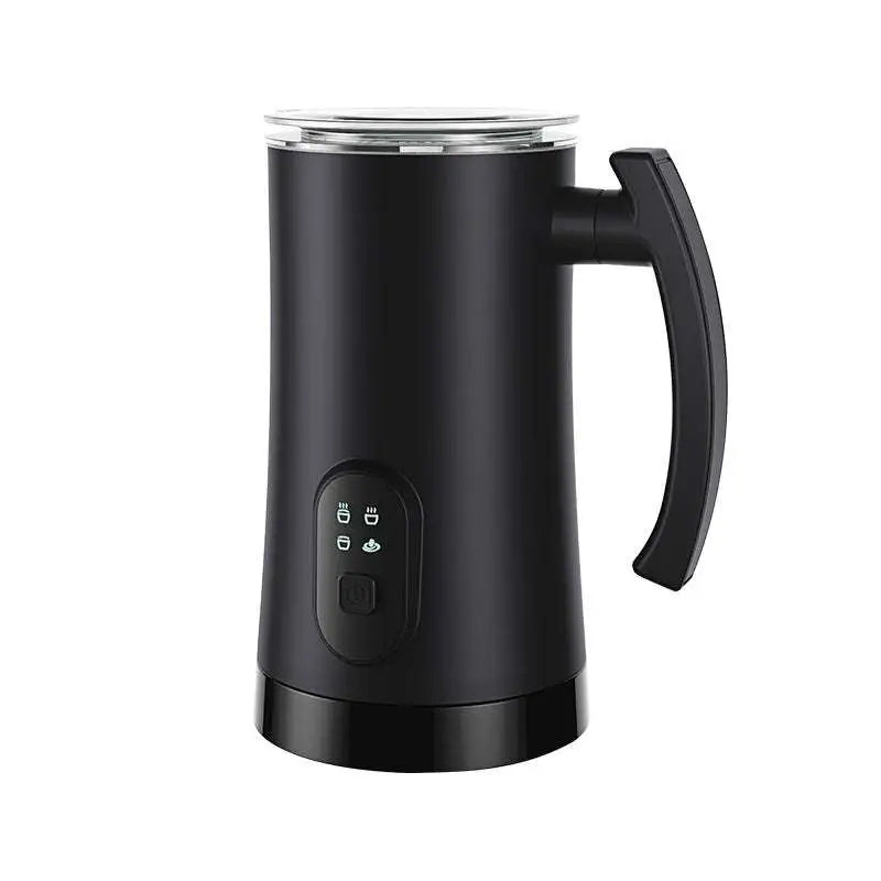 Black stainless steel electric milk frother with sleek matte finish and curved handle for efficient whipping machine use