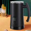 Black stainless steel electric milk frother with sleek matte finish and transparent lid for efficient whipping machine use
