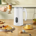 White stainless steel electric milk frother with sleek matte finish and black control panel for whipping machine use