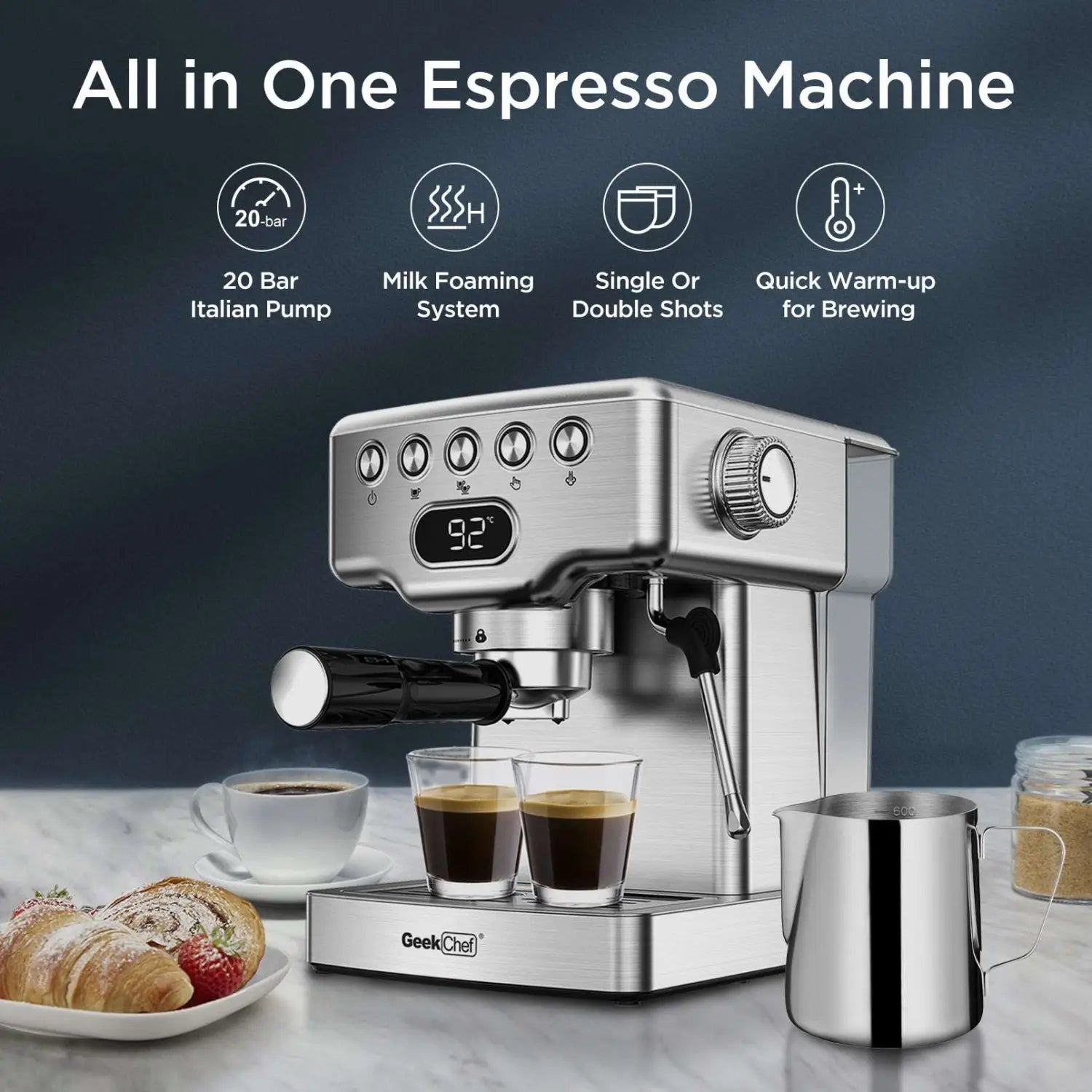 Stainless steel geekchef all-in-one espresso machine with digital display and black handle featured as the best home kitchen essential for your 2026 upgrade.