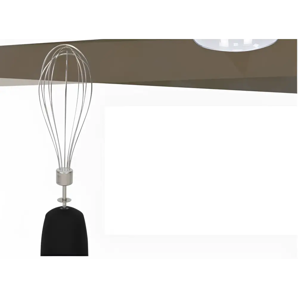 Stainless steel handheld food stick blender featuring a silver wire whisk with a black ergonomic handle