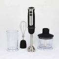 Black and stainless steel handheld food stick blender with interchangeable attachments for household use