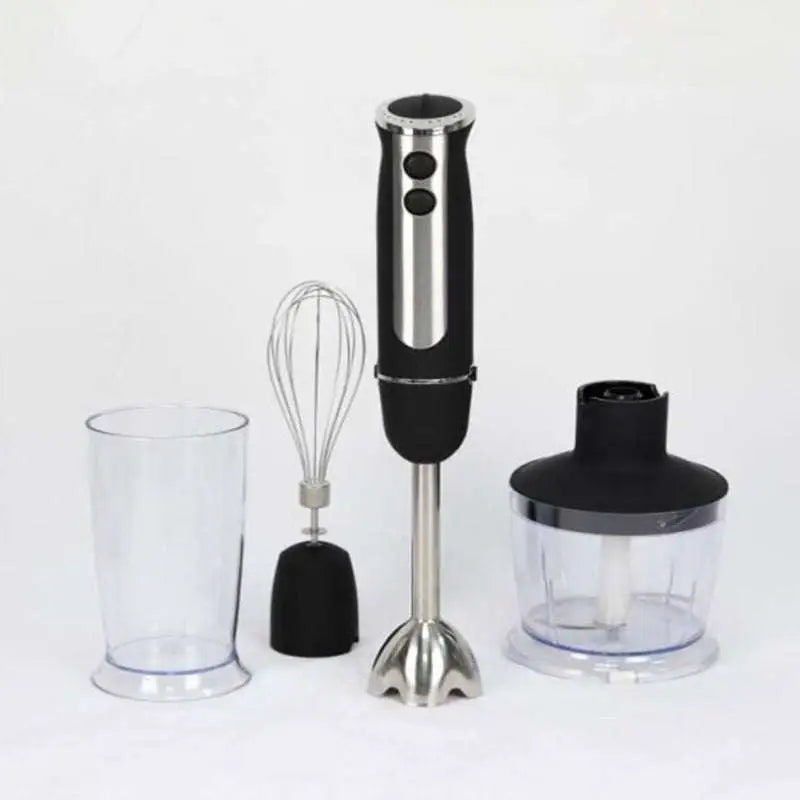 Black and stainless steel handheld food stick blender with interchangeable attachments for household use