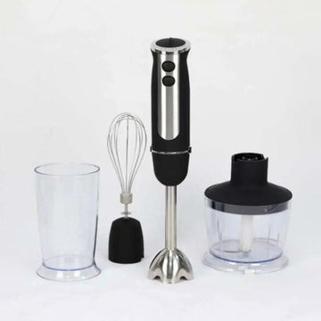 Black and stainless steel handheld food stick blender with interchangeable attachments for household use
