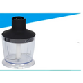 Black and clear plastic stainless steel handheld food stick blender with transparent bowl and integrated blade assembly