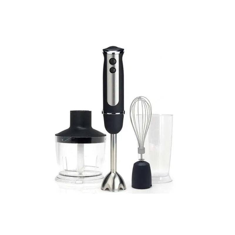 Black and stainless steel handheld food stick blender with a sleek modern design for household handheld food use