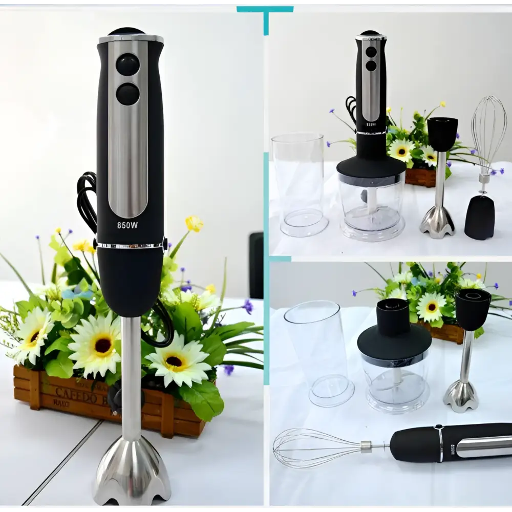 Black and stainless steel 850w stainless steel handheld food stick blender with interchangeable attachments for household use