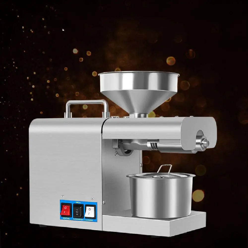 Stainless steel household oil press machine with conical funnel and control buttons for heating grinding and cleaning