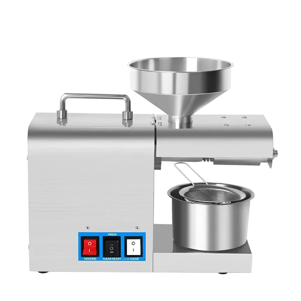 Stainless steel household oil press machine with conical funnel and control buttons for heating grinding and cleaning