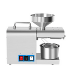 Stainless steel household oil press machine with conical funnel top and mesh strainer for efficient oil pressing