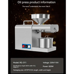 Stainless steel household oil press machine with conical feed hopper and cylindrical processing unit for efficient oil pressing