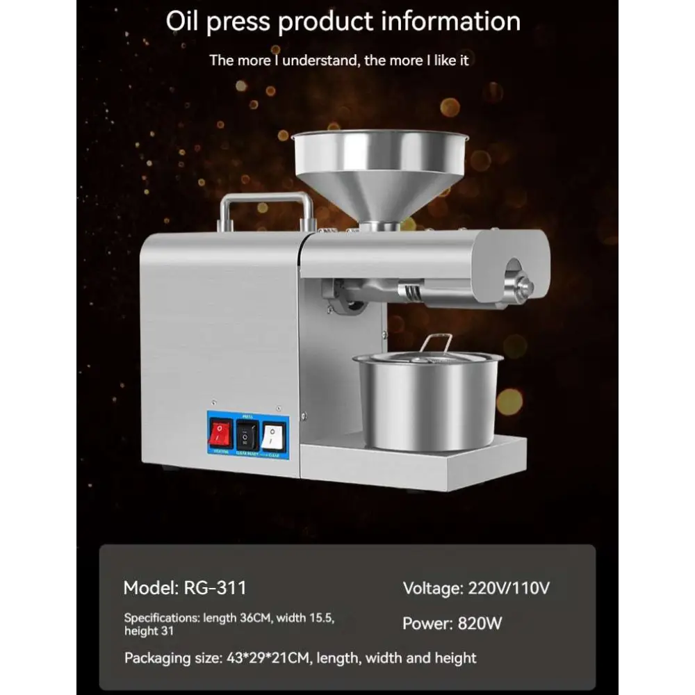 Stainless steel household oil press machine with conical feed hopper and cylindrical processing unit for efficient oil pressing