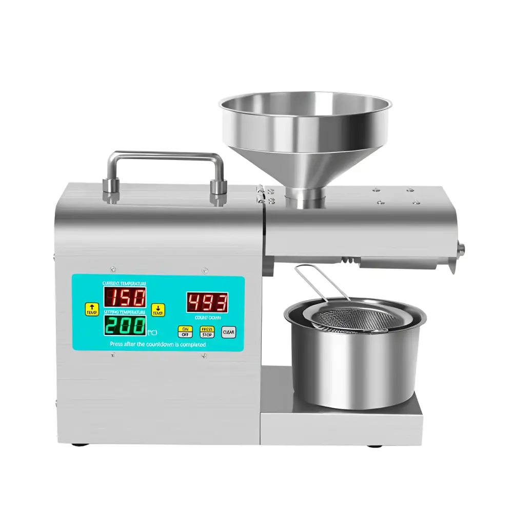 Stainless steel household oil press machine with digital display and funnel top for efficient oil pressing