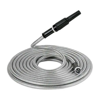 Stainless steel metal garden hose in silver with black spray nozzle and connector for outdoor watering tasks