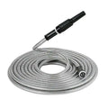 Silver stainless steel corrugated garden hose with black spray nozzle and connector for outdoor watering tasks