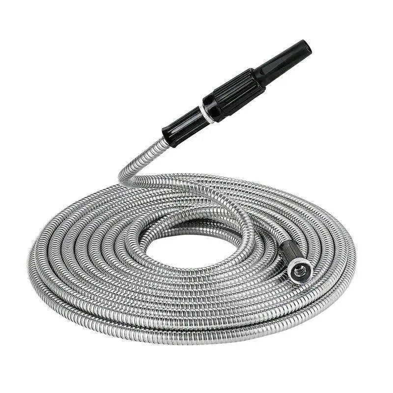 Silver stainless steel corrugated garden hose with black spray nozzle and connector for outdoor watering tasks