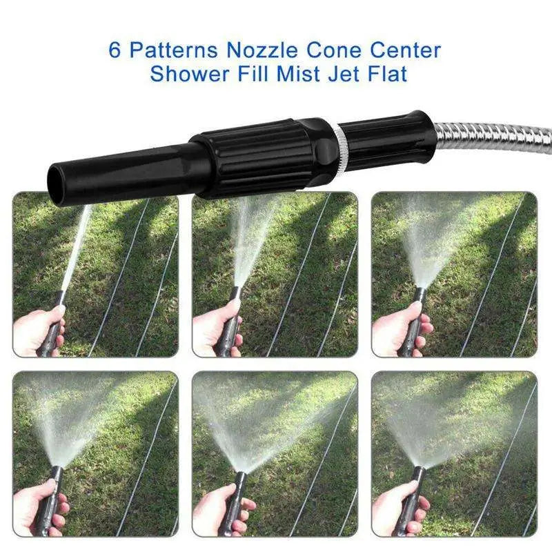 Black plastic spray nozzle with six adjustable patterns and chrome metal hose for stainless steel garden hose outdoor watering tasks