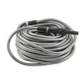 Stainless steel metal garden hose in silver with black spray nozzle and connector for outdoor watering tasks
