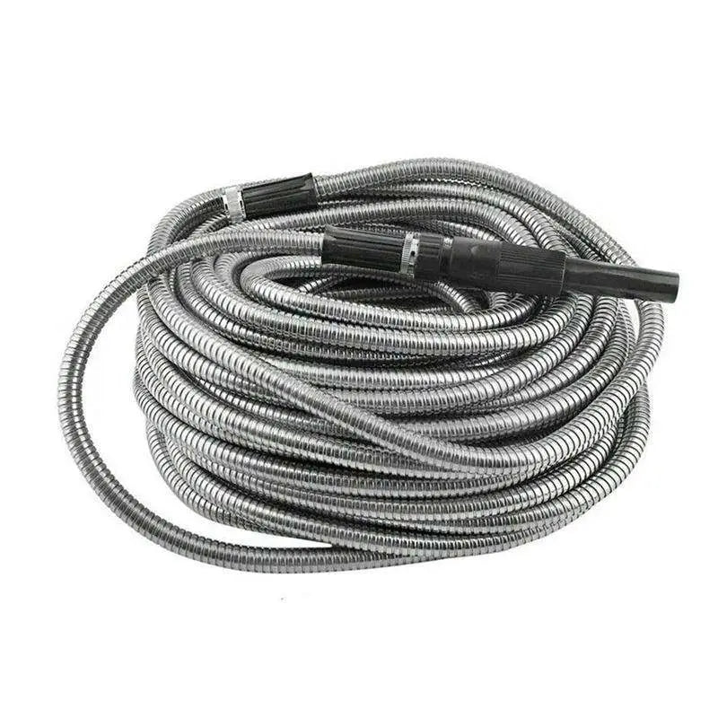 Stainless steel metal garden hose in silver with black spray nozzle and connector for outdoor watering tasks
