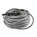 Coiled stainless steel metal garden hose with black plastic connectors and spray nozzle for outdoor watering tasks