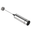 Stainless steel milk frother and coffee stirrer with black grip and spiral whisk attachment for versatile use