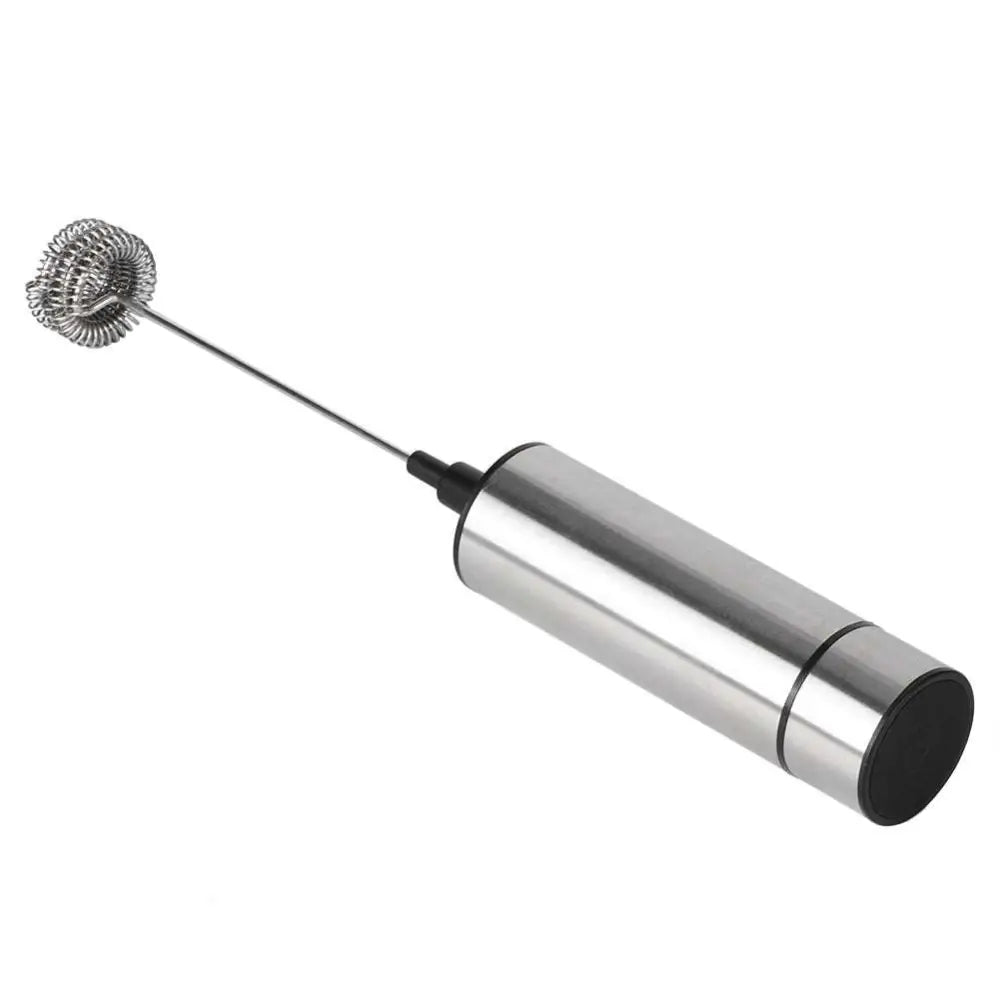 Stainless steel milk frother and coffee stirrer with black grip and spiral whisk attachment for versatile use