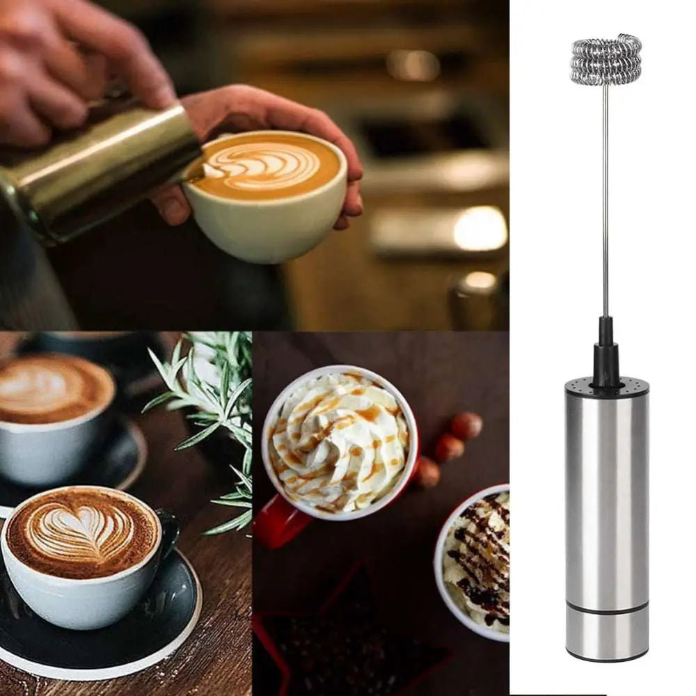 Stainless steel milk frother and coffee stirrer with coiled wire whisk attachment for frothing and egg beating