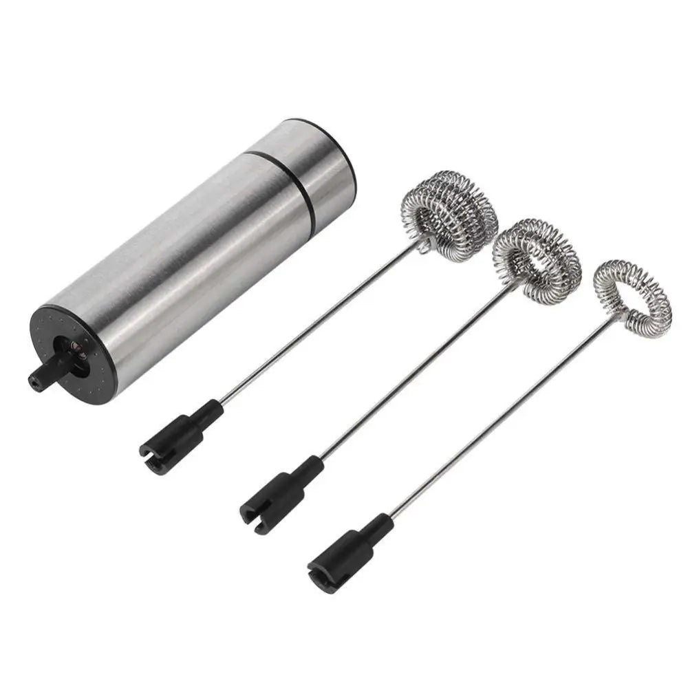 Stainless steel milk frother and coffee stirrer with three spiral whisk attachments for versatile use including egg beater