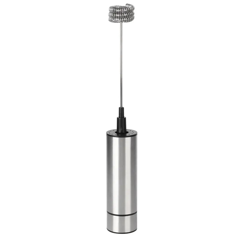 Silver stainless steel milk frother and coffee stirrer with coiled wire whisk attachment for versatile use as egg beater