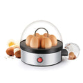 Silver stainless steel multifunctional egg cooker steamer with clear dome lid and black base featuring red power button