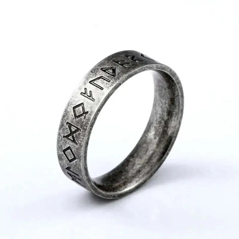 A textured silver stainless steel odin norse rune ring engraved with ancient runes for men’s fashion stainless accessory