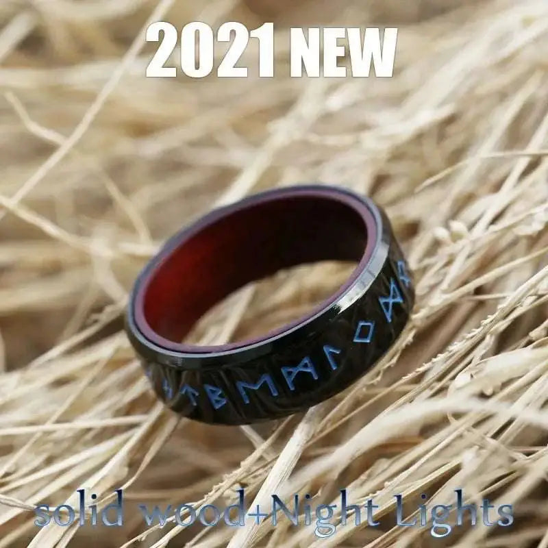 Black stainless steel odin norse rune ring with dark wood interior blue engravings and integrated night light for men’s fashion