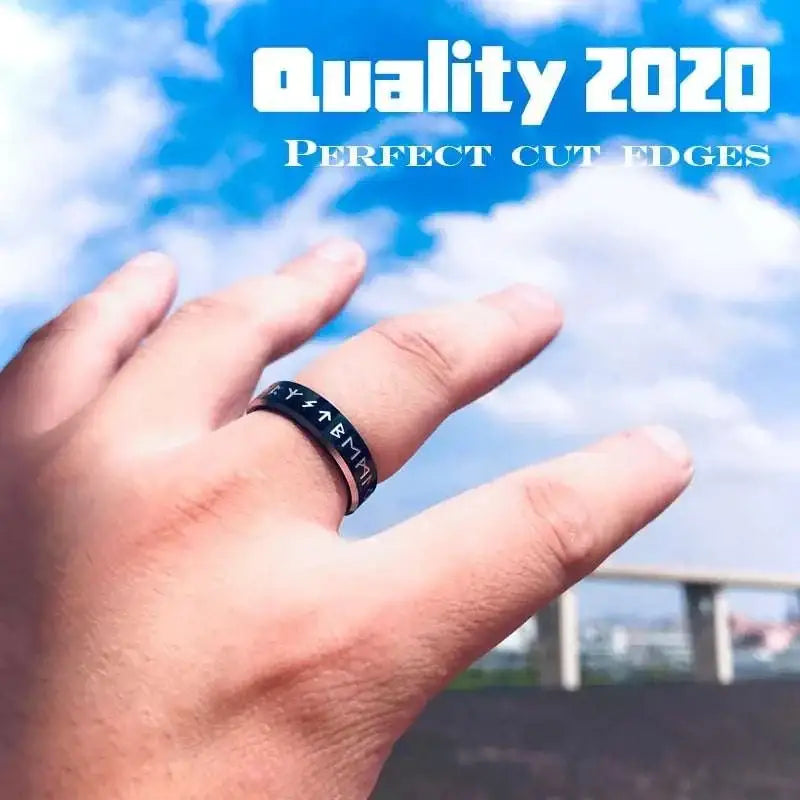 Black rune engraved stainless steel odin norse rune ring with sleek modern design for men’s fashion stainless accessory