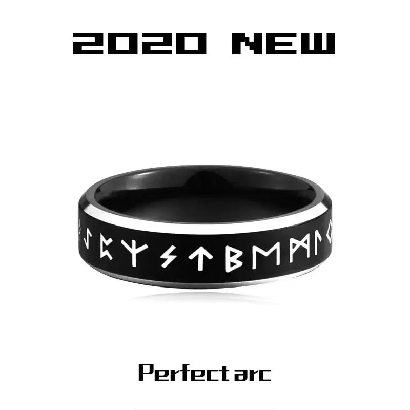 Black and silver rune-engraved stainless steel odin norse rune ring with sleek modern design for men’s fashion stainless wear