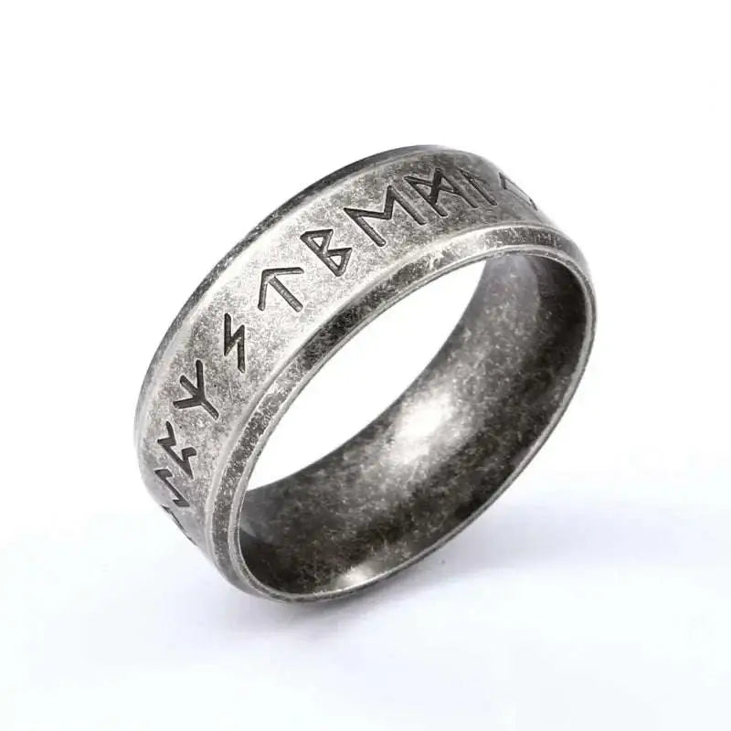 Stainless steel Odin Norse rune ring in silver-toned metal with engraved runic symbols for men’s fashion stainless style