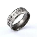 Silver-toned stainless steel Odin Norse rune ring for men featuring engraved runic symbols along the outer band