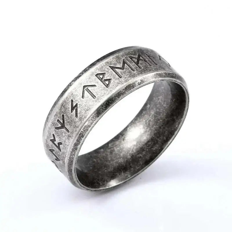Silver-toned stainless steel Odin Norse rune ring for men featuring engraved runic symbols along the outer band