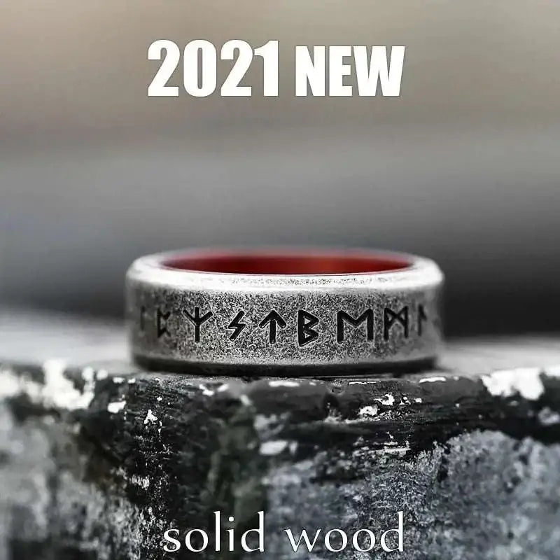 Silver-toned stainless steel Odin Norse rune ring with red interior and engraved runes crafted from solid wood for men’s fashion