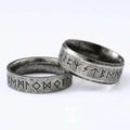 Two silver-toned stainless steel odin norse rune rings engraved with symbols for men’s fashion stainless jewelry