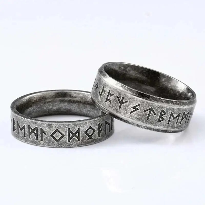 Two silver-toned stainless steel odin norse rune rings engraved with symbols for men’s fashion stainless jewelry