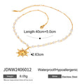 Gold-toned stainless steel pearl necklace with small white pearls and a radiant gold sun pendant
