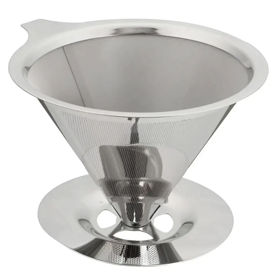 Stainless steel pour over coffee filter cone dripper with perforated mesh body and flat circular base on stand