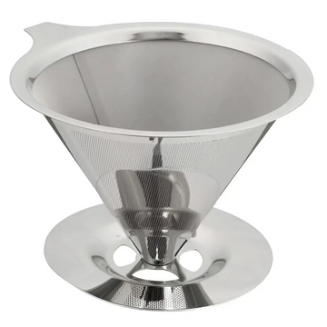 Stainless steel pour over coffee filter cone dripper with perforated mesh body and flat circular base on stand