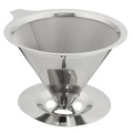 Stainless steel pour over cone dripper coffee filter with perforated mesh body and flat circular base on a stand