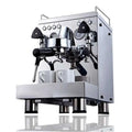 Stainless steel semi-automatic espresso machine with black accents, polished chrome finish, and pressure gauge