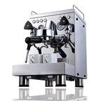 Stainless steel semi-automatic espresso machine with black accents, polished chrome finish, and pressure gauge