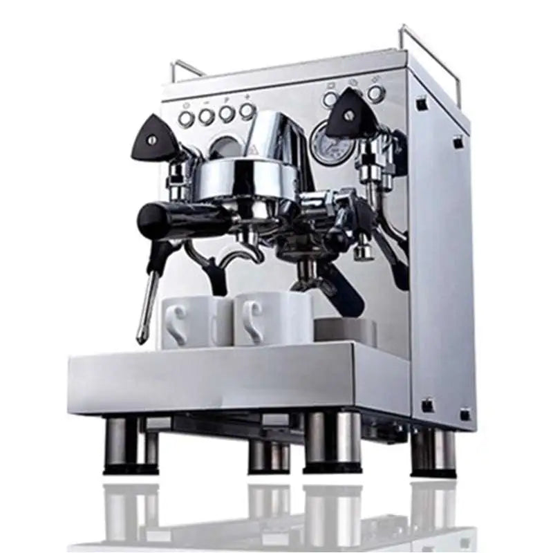 Stainless steel semi-automatic espresso machine with black accents, polished chrome finish, and pressure gauge