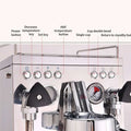Stainless steel semi-automatic espresso machine with polished chrome finish controls and built-in pressure gauge